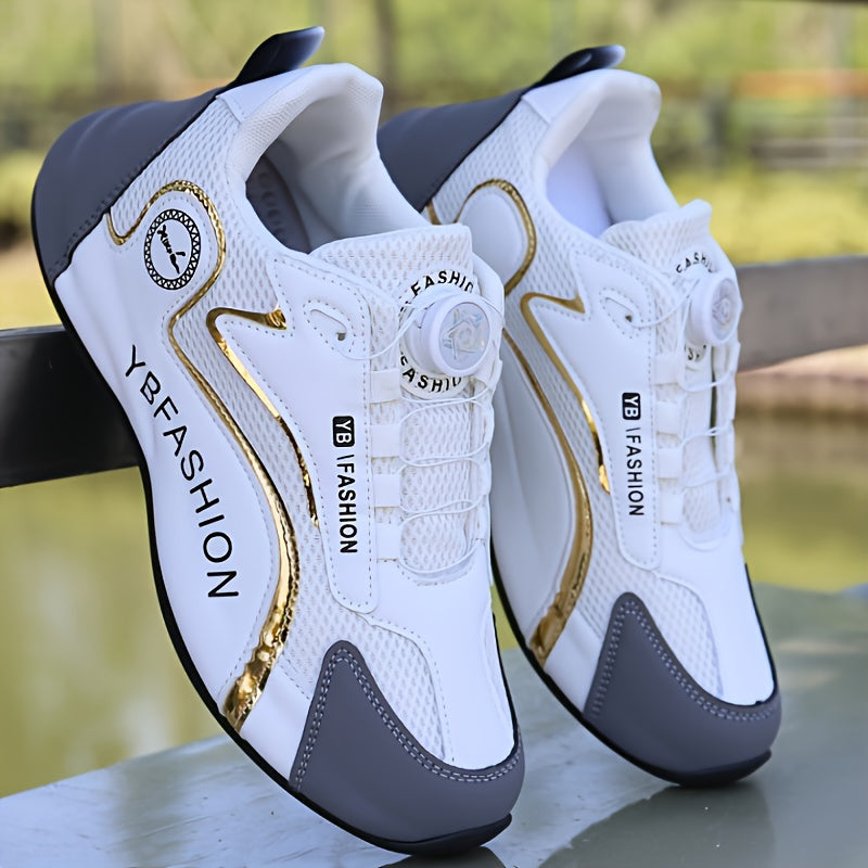 Men's White Mesh Athletic Sneakers with Rubber Sole and Gold Accents
