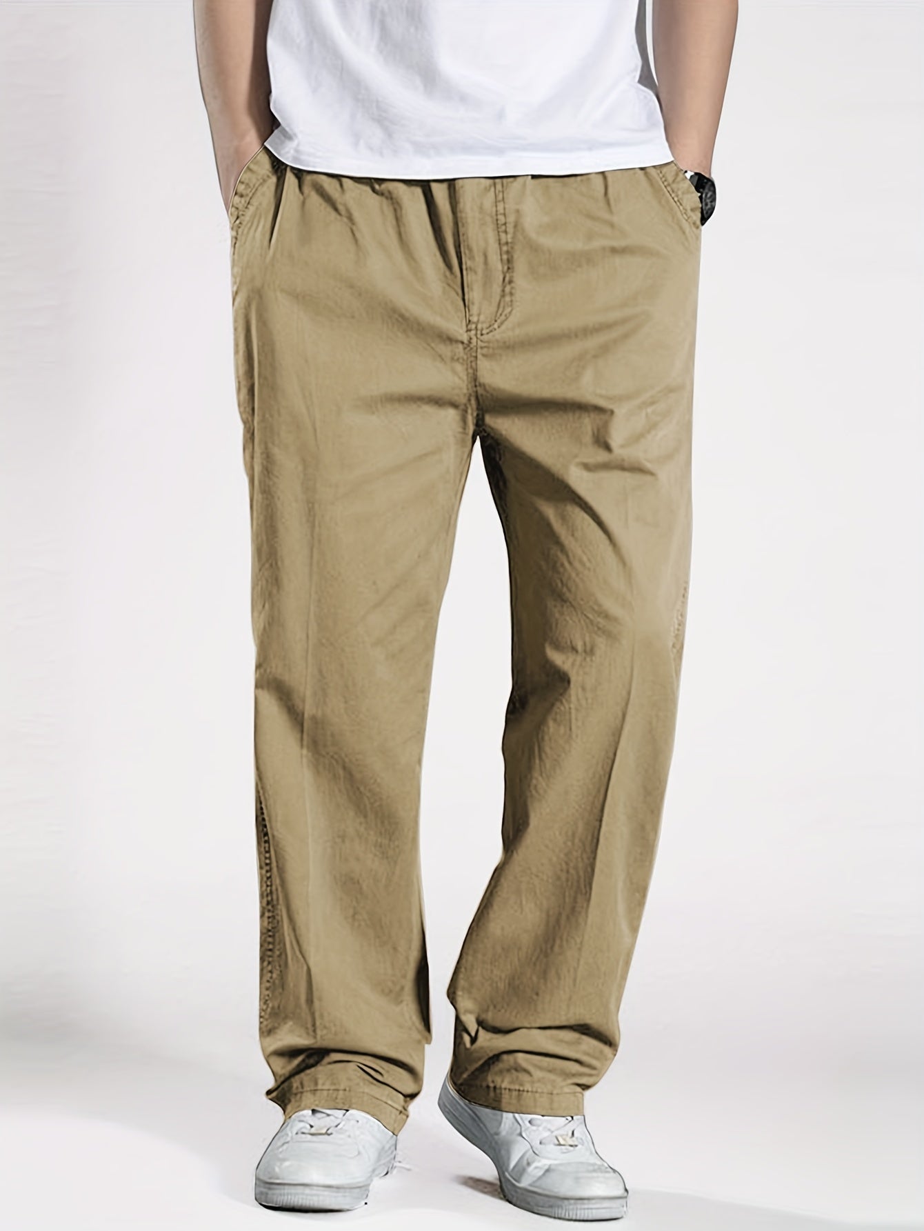 Men's Cotton Cargo Pants Elastic Drawstring Waist Solid Color Casual Spring Fall