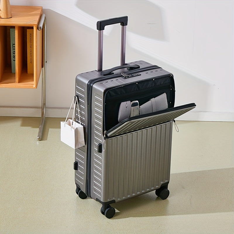 White 20 Inch Spinner Trolley Suitcase with Zippered Front Pocket and Telescopic Handle