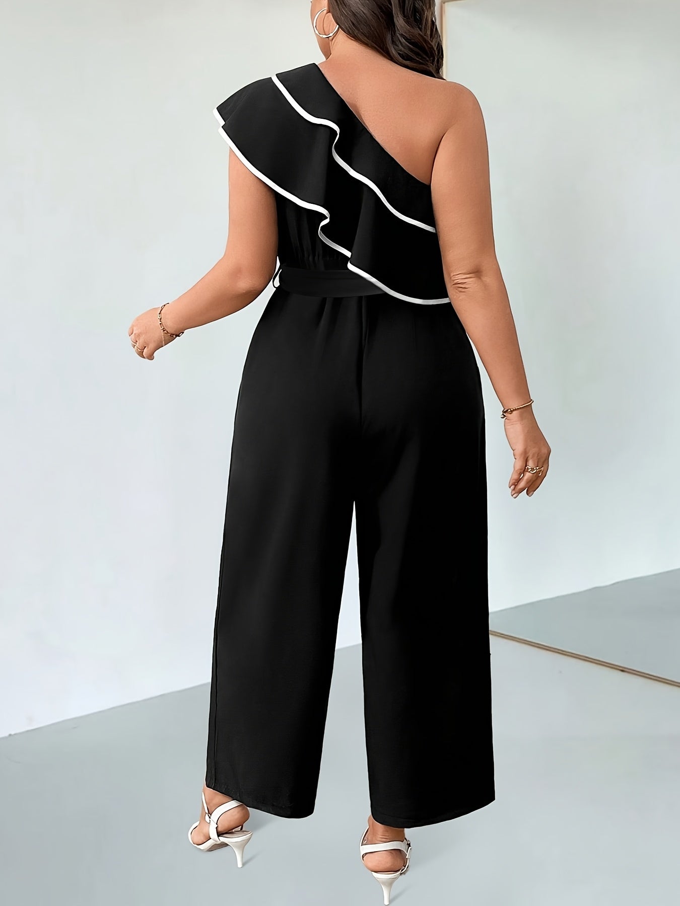 Women's Black Off-Shoulder Ruffle Jumpsuit with Waist Tie and Wide Legs