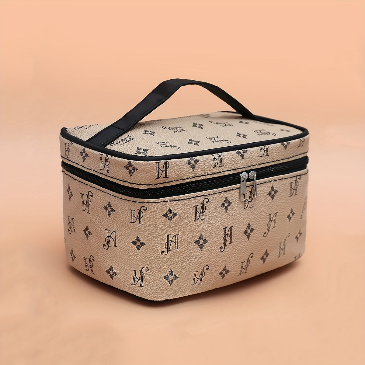 Minimalist Beige Synthetic Leather Makeup Bag with Black Handles and Zippers