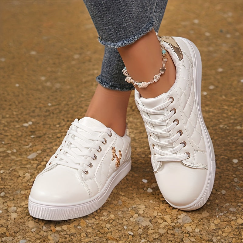 Women's White Lace-Up Sneakers Casual Low Tops Durable Rubber Sole
