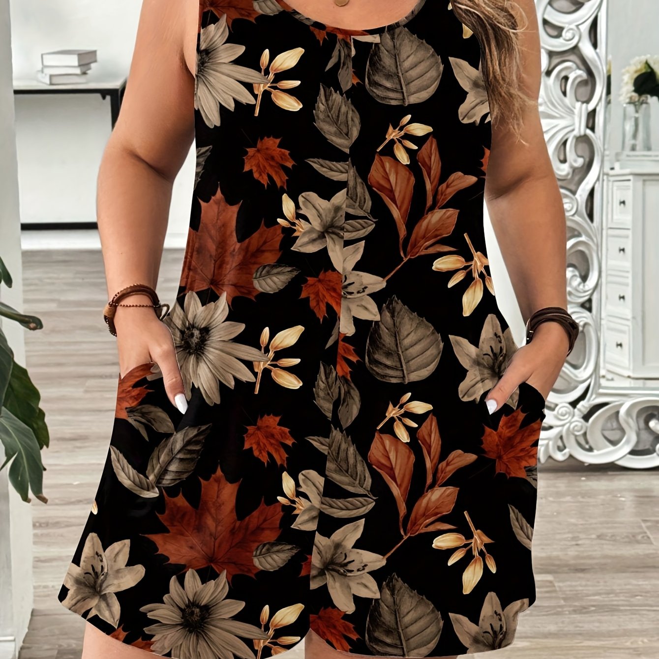 Plus-Size Women's Sleeveless Romper Black Autumn Leaf Floral Fitted Jumpsuit