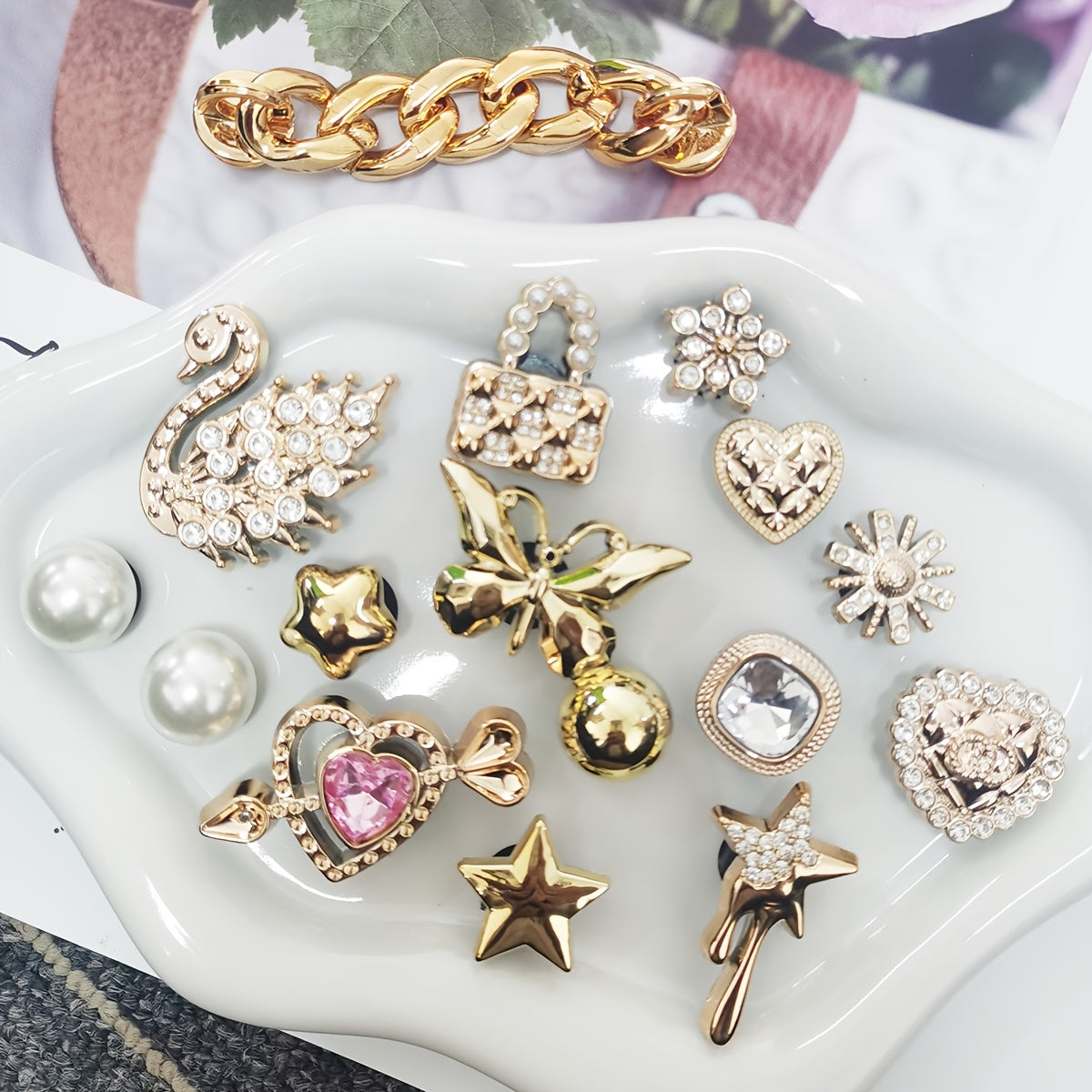 Women's Shoe Charms Set 16pcs Gold Butterfly Heart Rhinestone Snowflake
