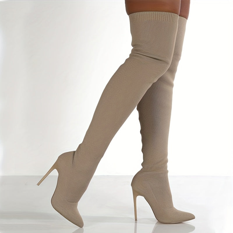 Women's Beige Knee-High Boots with Pointed Toe and Stiletto Heel