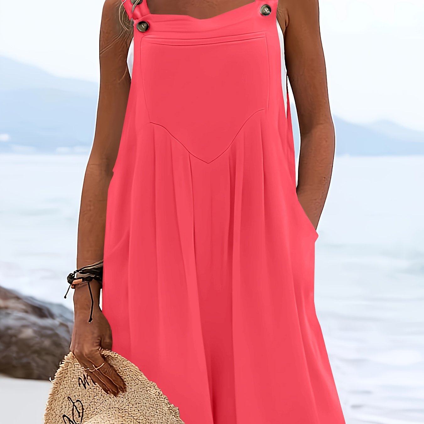 Women's Coral Pink Polyester-Spandex Jumpsuit Beach Cover-Up Lightweight Casual/Formal