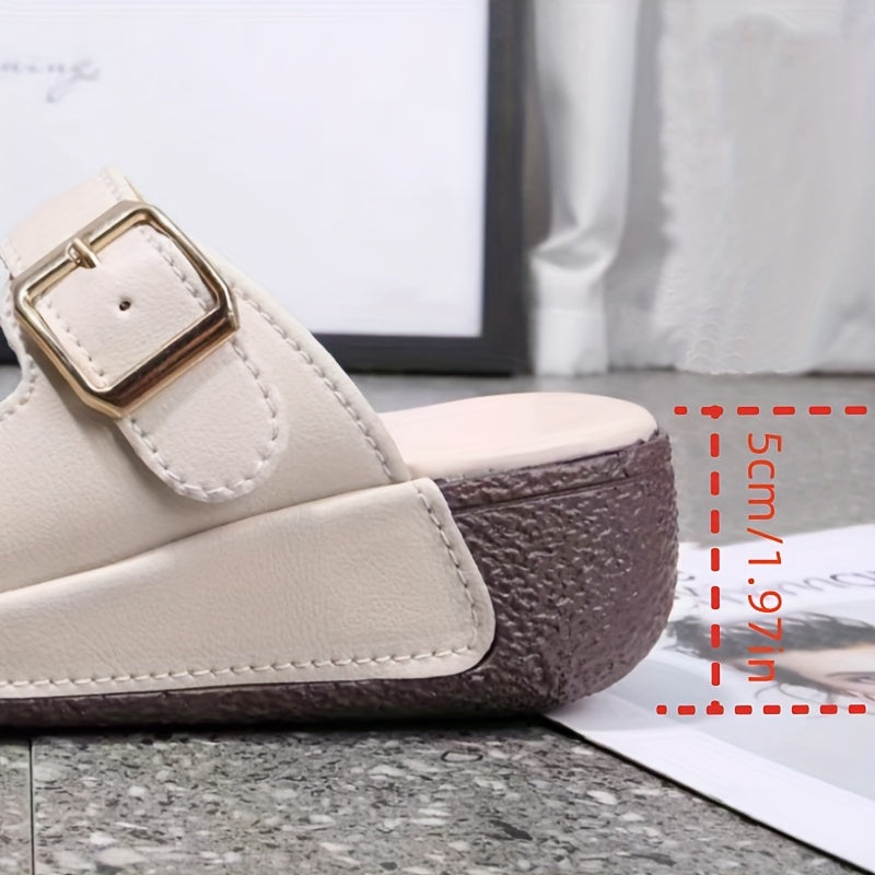 Women's Gray Wedge Slides with Brown Sole Open Toe Double Buckle Straps Casual All-Season