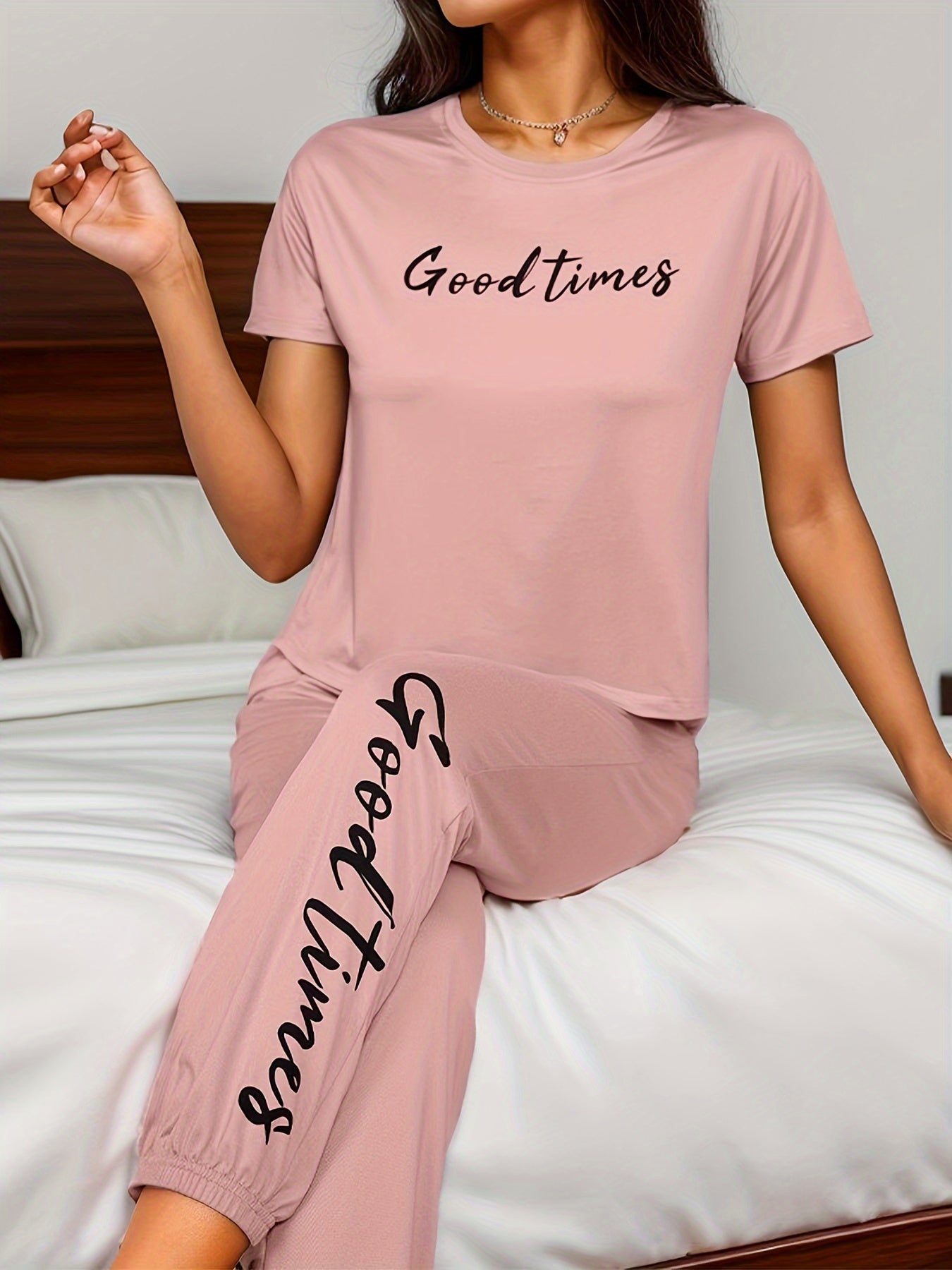 Conjunto de pijama para mujer con estampado de letras, manga corta, cuello redondo y pantalones para primavera y verano