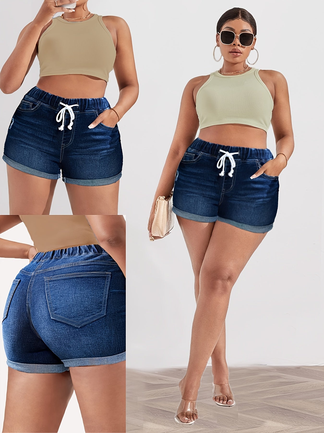 Plus Size Women's Blue Elastic Waist Drawstring Stretch Shorts