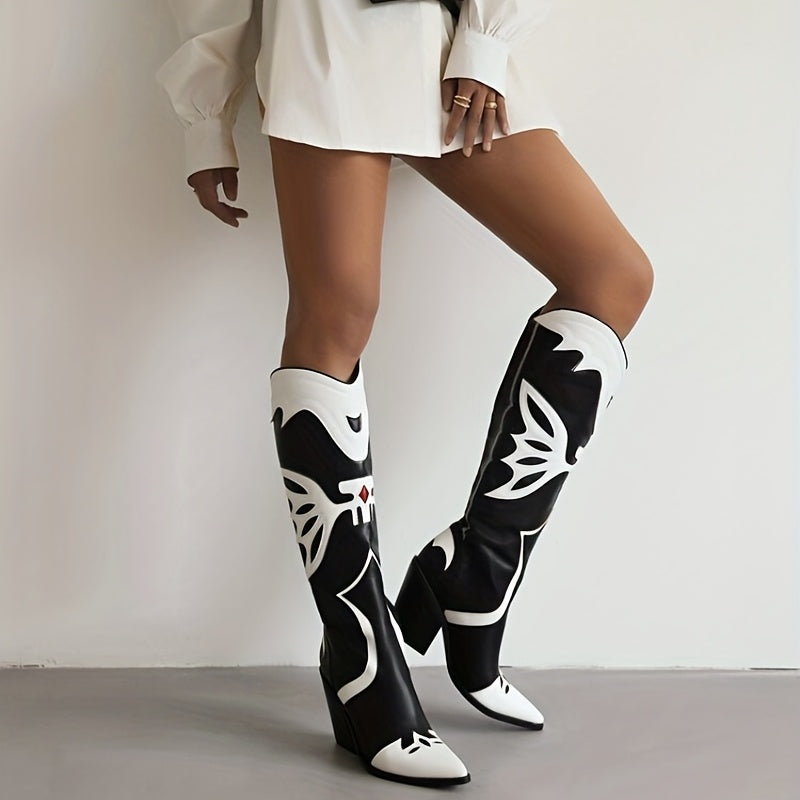Women's Printed Chunky Heel Western Boots Pointed Toe Retro