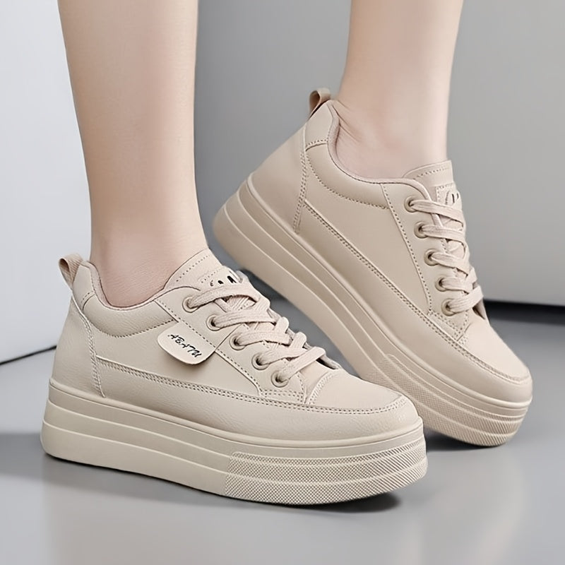 Women's High-Top Sneakers with Thick Platform Sole Beige Casual Lace-Up Shoes