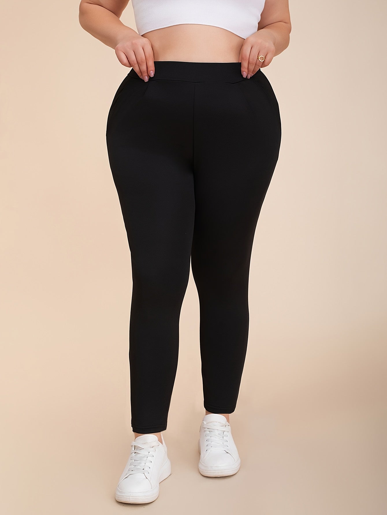 Women's Plus Size Skinny Pants Polyester Knit Solid Color Spring Fall Pockets