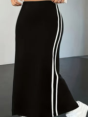 Women's Plus Size Black White Striped High-Waist Midi Skirt Polyester Stretchable