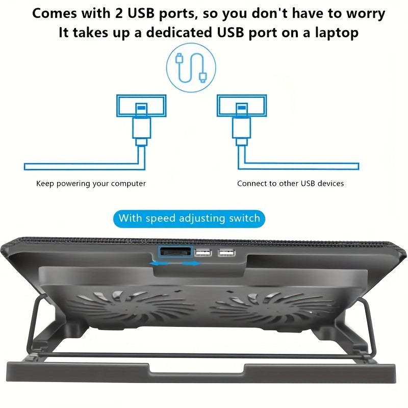 Черная подставка для охлаждения ноутбука с 2 вентиляторами, регулируемой высотой, светодиодной подсветкой, USB-портами, металлической сеткой для ноутбуков длиной 22,86-43,18 см