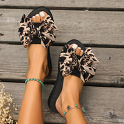 Women Leopard Print Bowknot Slides Open Toe Flat Sandals Summer