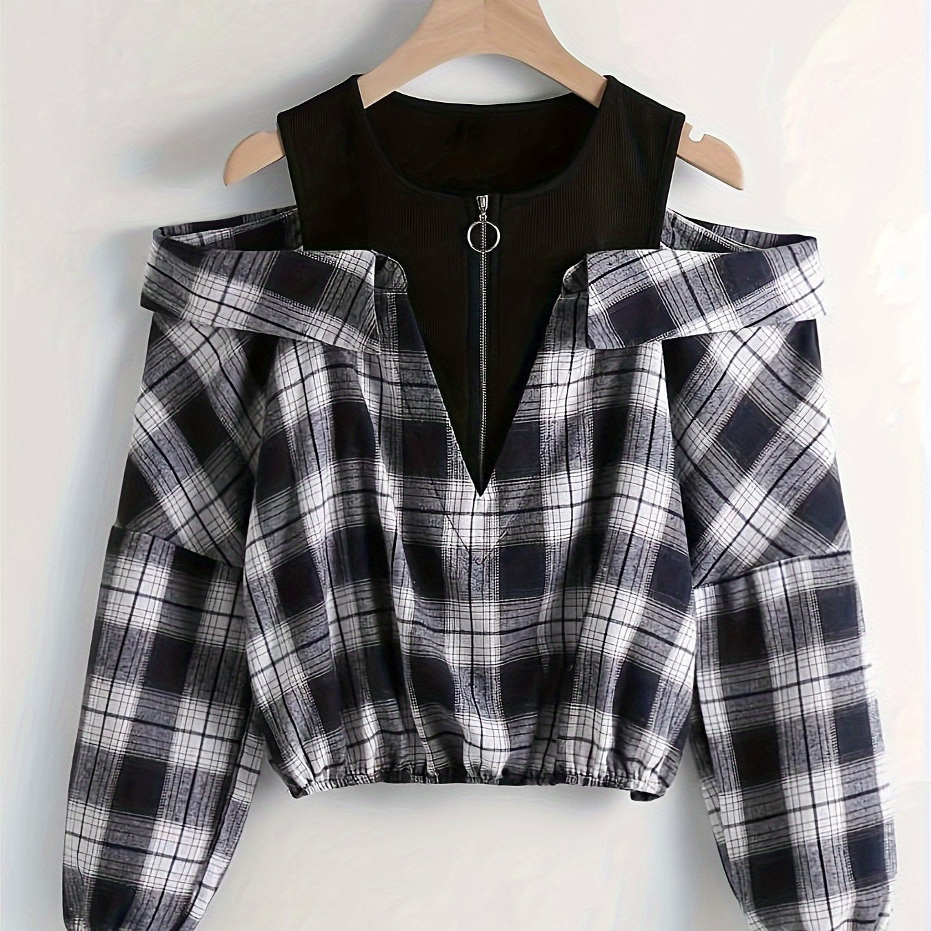 Women's Plaid Cold Shoulder Blouse with Long Sleeves and Quarter Zip for Spring and Fall