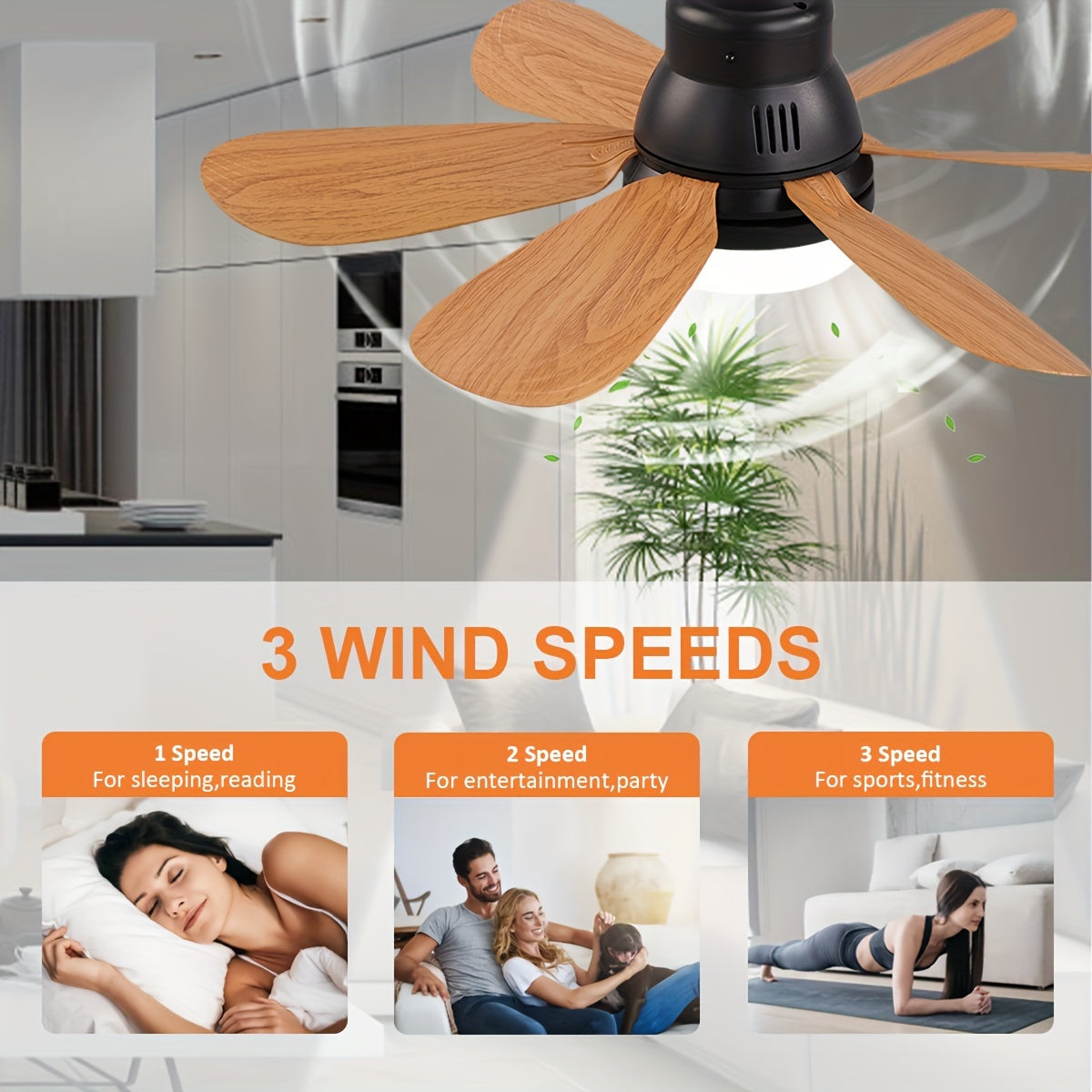 Dimmable LED Ceiling Fan 52.07 cm with Remote Control Black Wood Grain Bedroom Kitchen Study