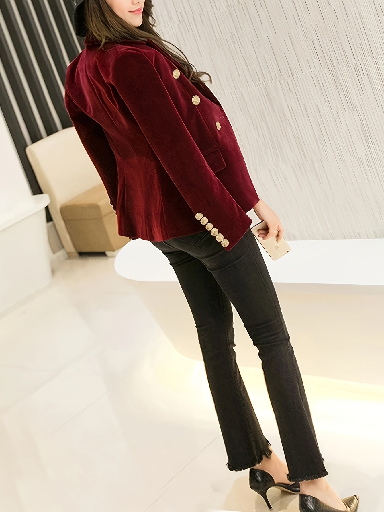 Women's Velvet Pea Coat Double-Breasted Long Sleeve Solid Color Fall Winter