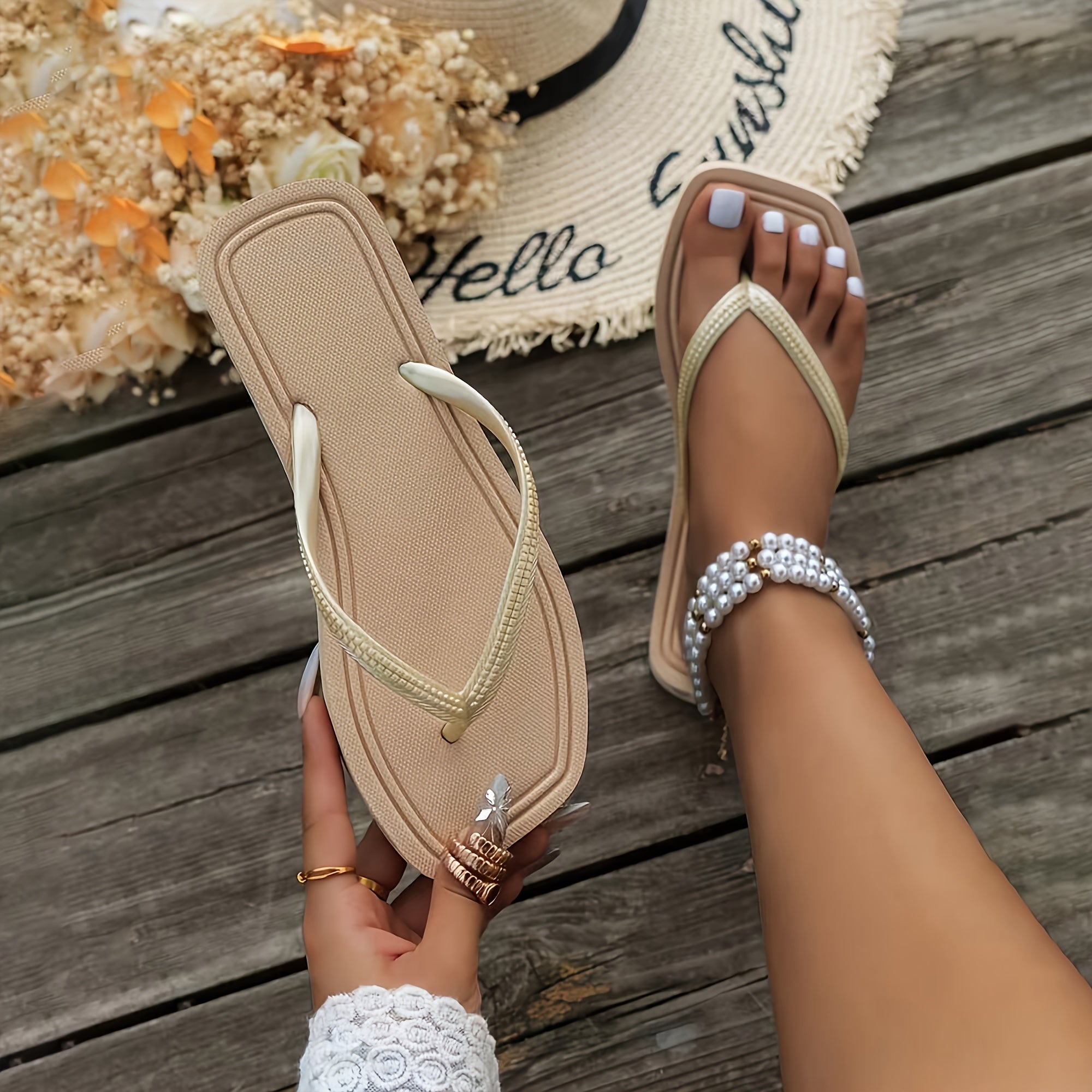 Women's Flip-Flops Solid Color Non-Slip Sole Comfortable Slip-On Beach Pool Shoes