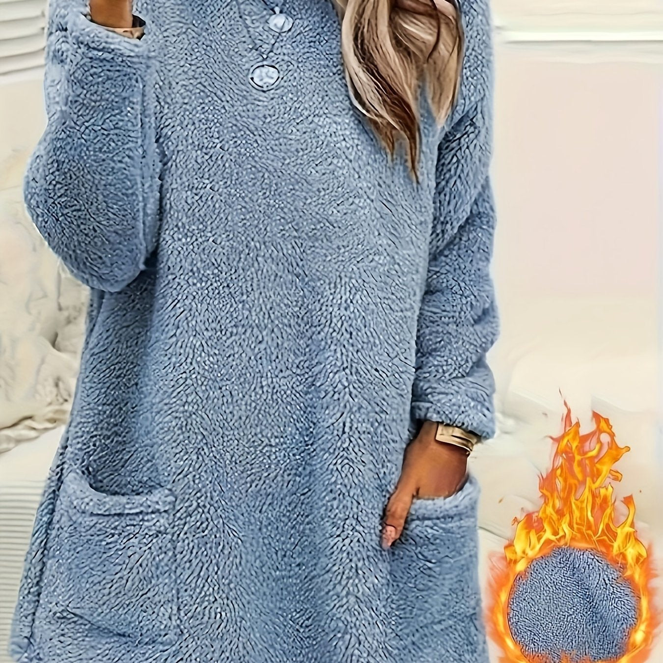 Women's Fleece Top with Pockets Long Sleeve Crew Neck Fall Winter Casual Solid