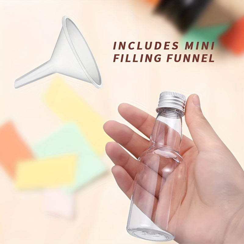 Set of 24 Reusable PET Plastic Juice Bottles 60ml 100ml 150ml with Lids and Funnel