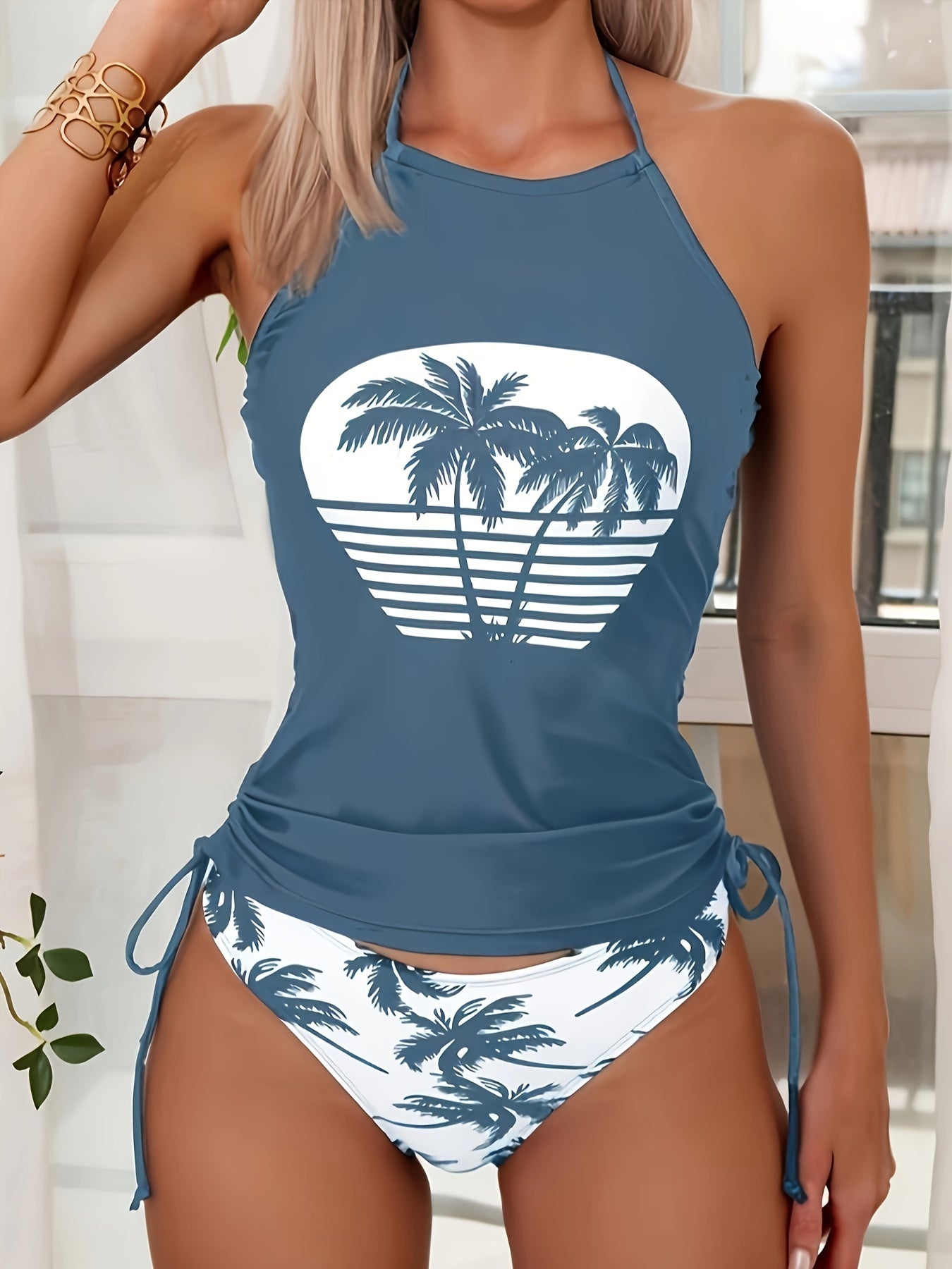 Women's Swimsuit Tankini Set with Padded Bra and Palm Tree Print Polyester Elastane