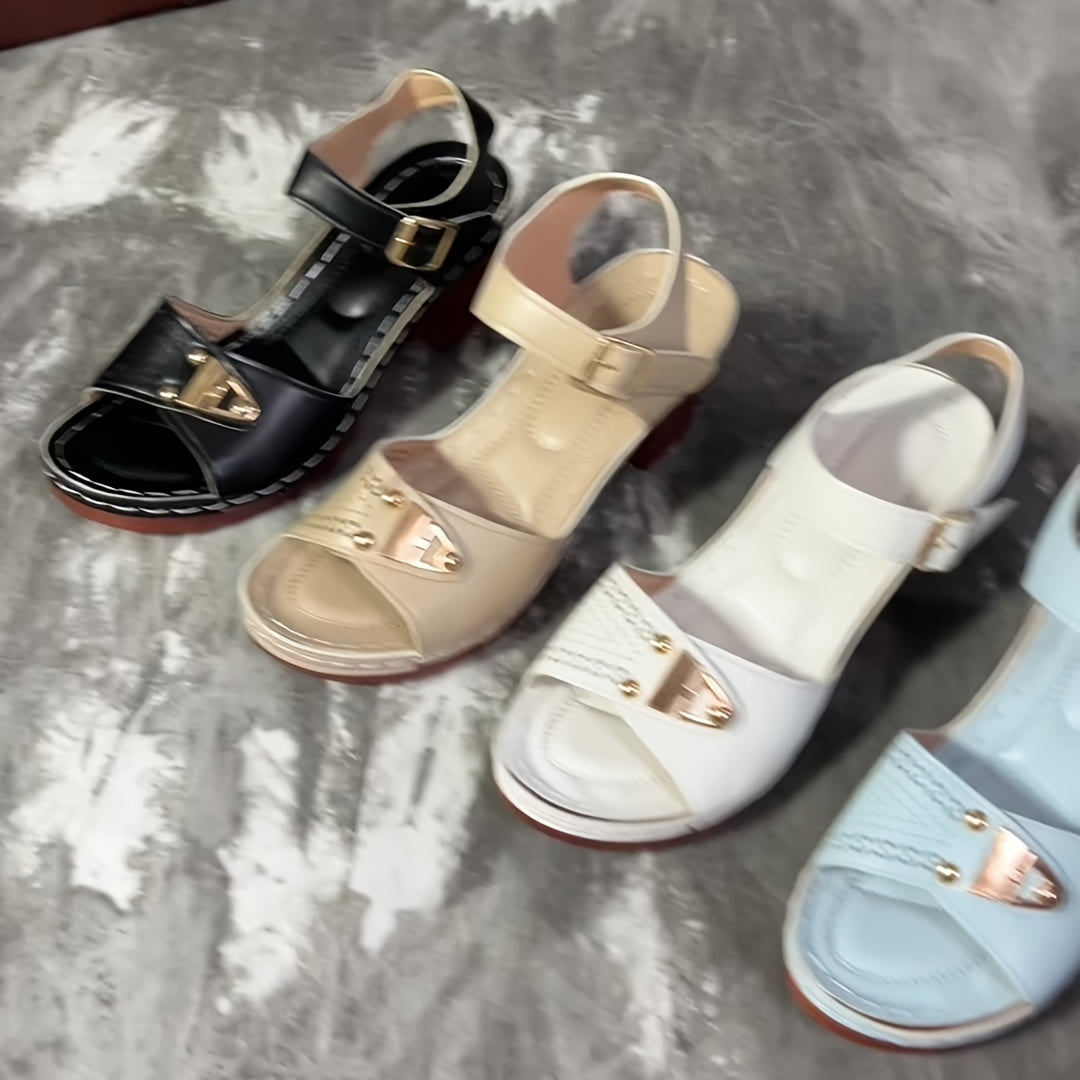 Women's Light Blue Block Heel Sandals Open Toe Buckle Casual Summer