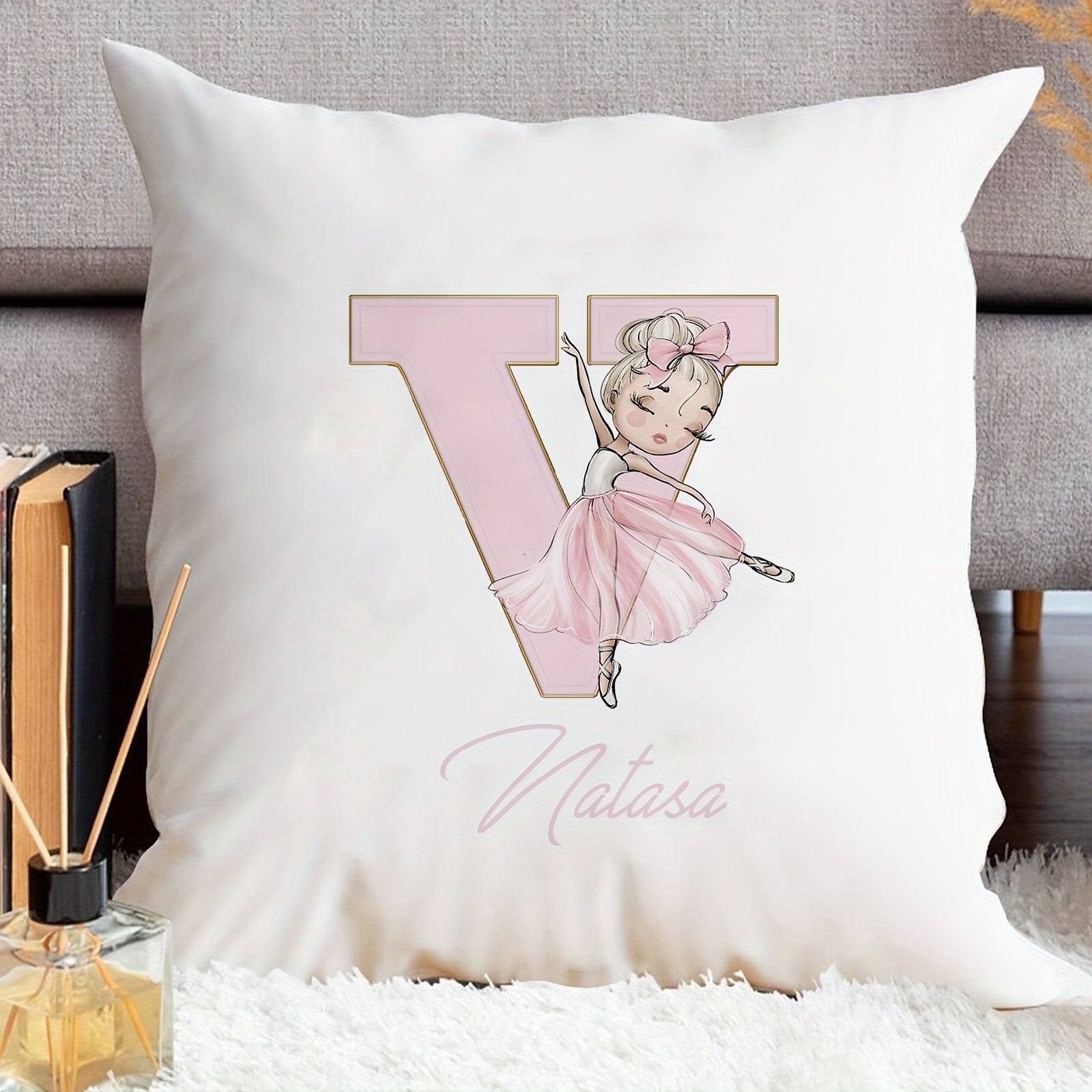 Shaxsiylashtirilgan samoviy yostiq qopqog'i, balet qiz dizayni bilan, pushti harflar, divan uchun dekor, bitta tomonli bosma