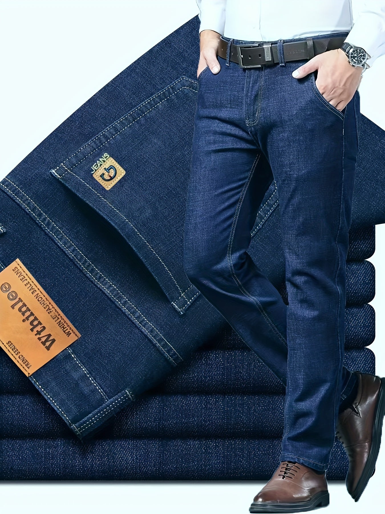 Men's Dark Blue Slim Fit Jeans Casual Pants for Autumn Winter All-Season
