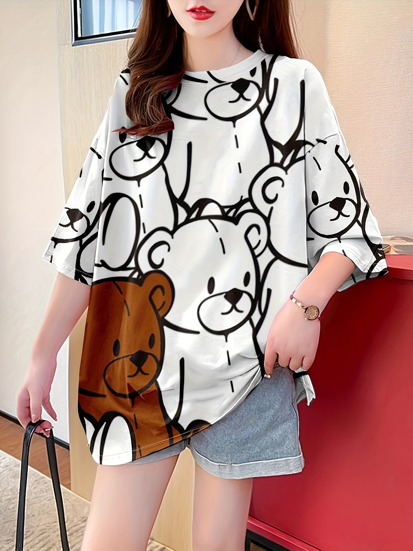 Women's Casual Bear Print Long Sleeve Crew Neck T-Shirt Knit Fabric All Seasons
