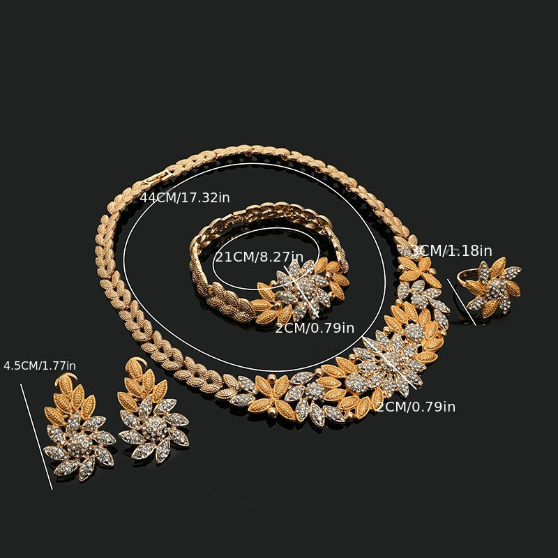 Women's Gold Tone Jewelry Set with Necklace Bracelet Earrings and Ring for Weddings
