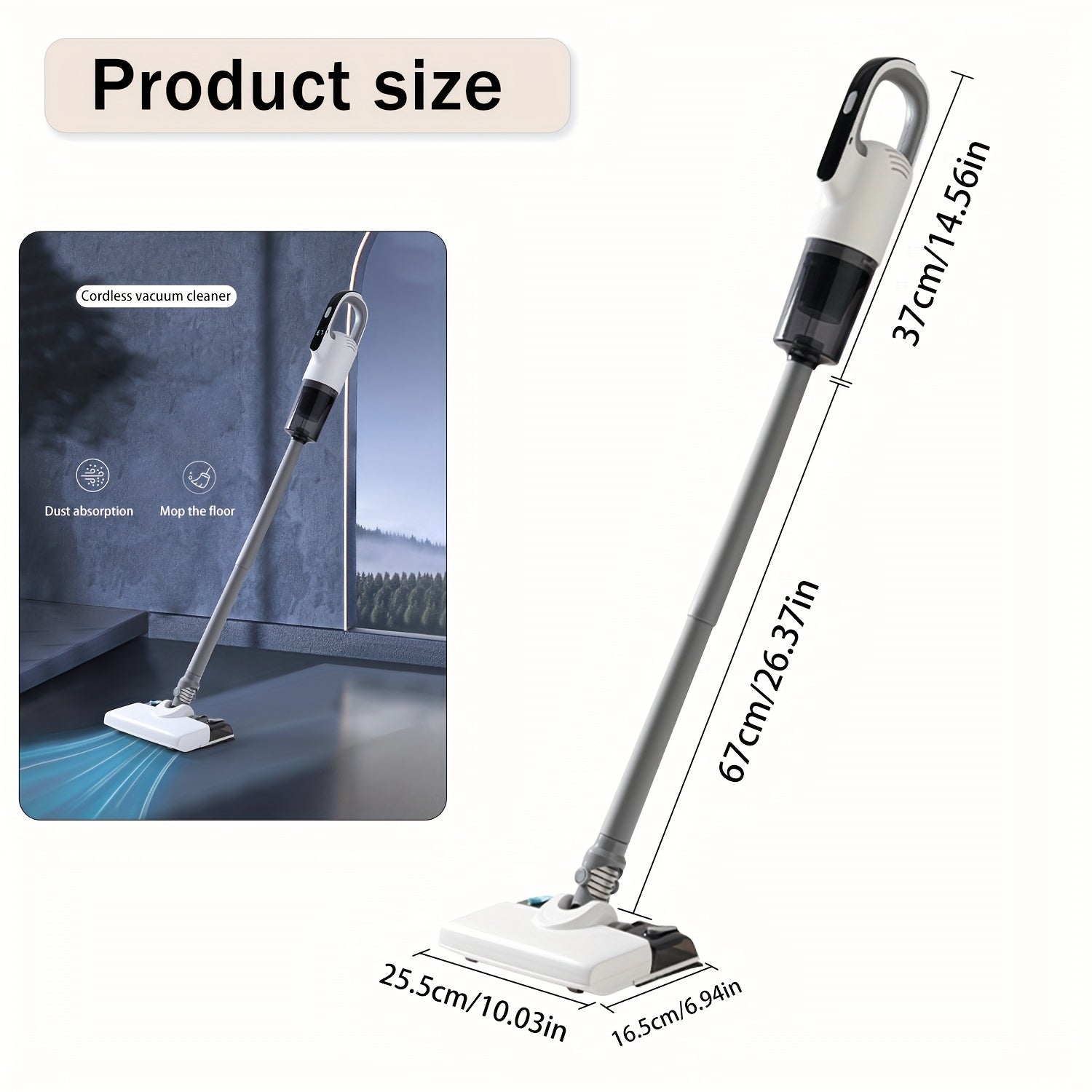 Беспроводной вакуумный швабра с 3-скоростным режимом для эффективной уборки в различных условиях, легкий и удобный в использовании.