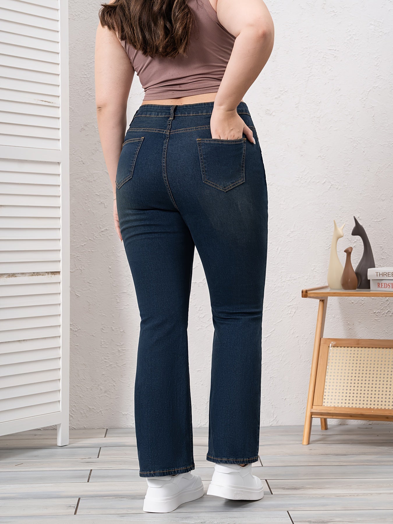 Plus Size Women's Denim Bootcut Jeans Blue Casual Zipper Button Closure