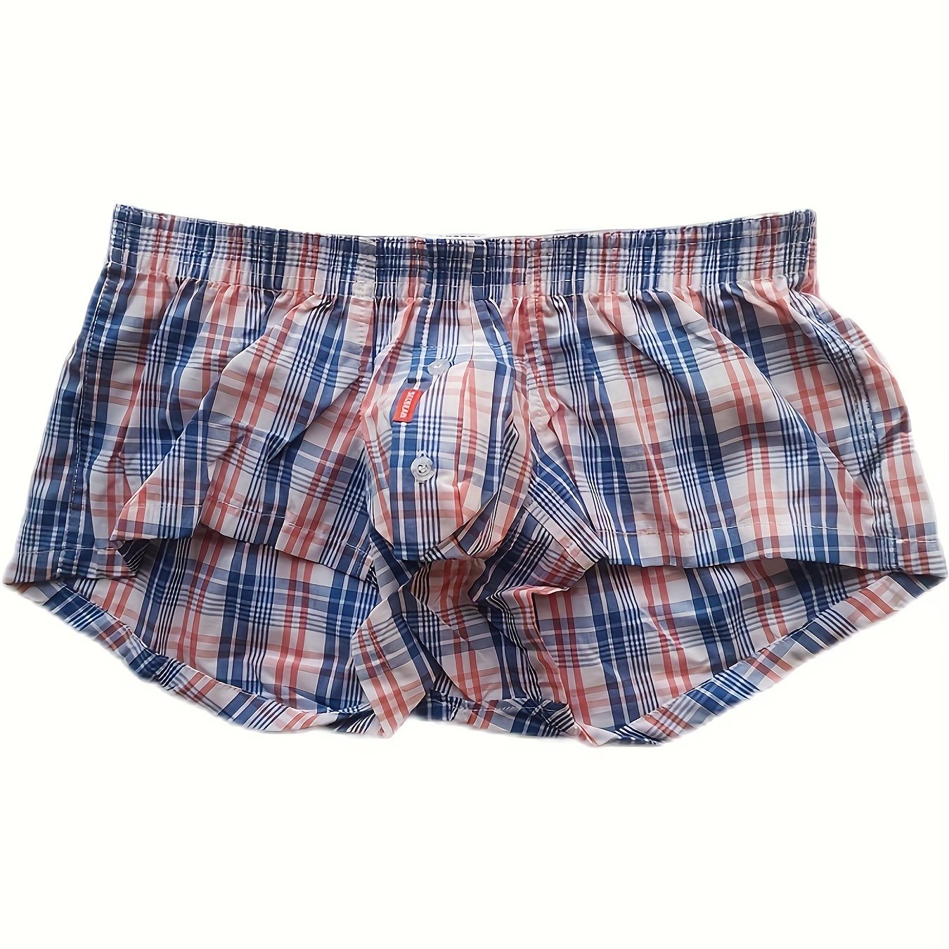 Men's Low Waist Cotton Plaid Underwear with Front Button Opening Shortie
