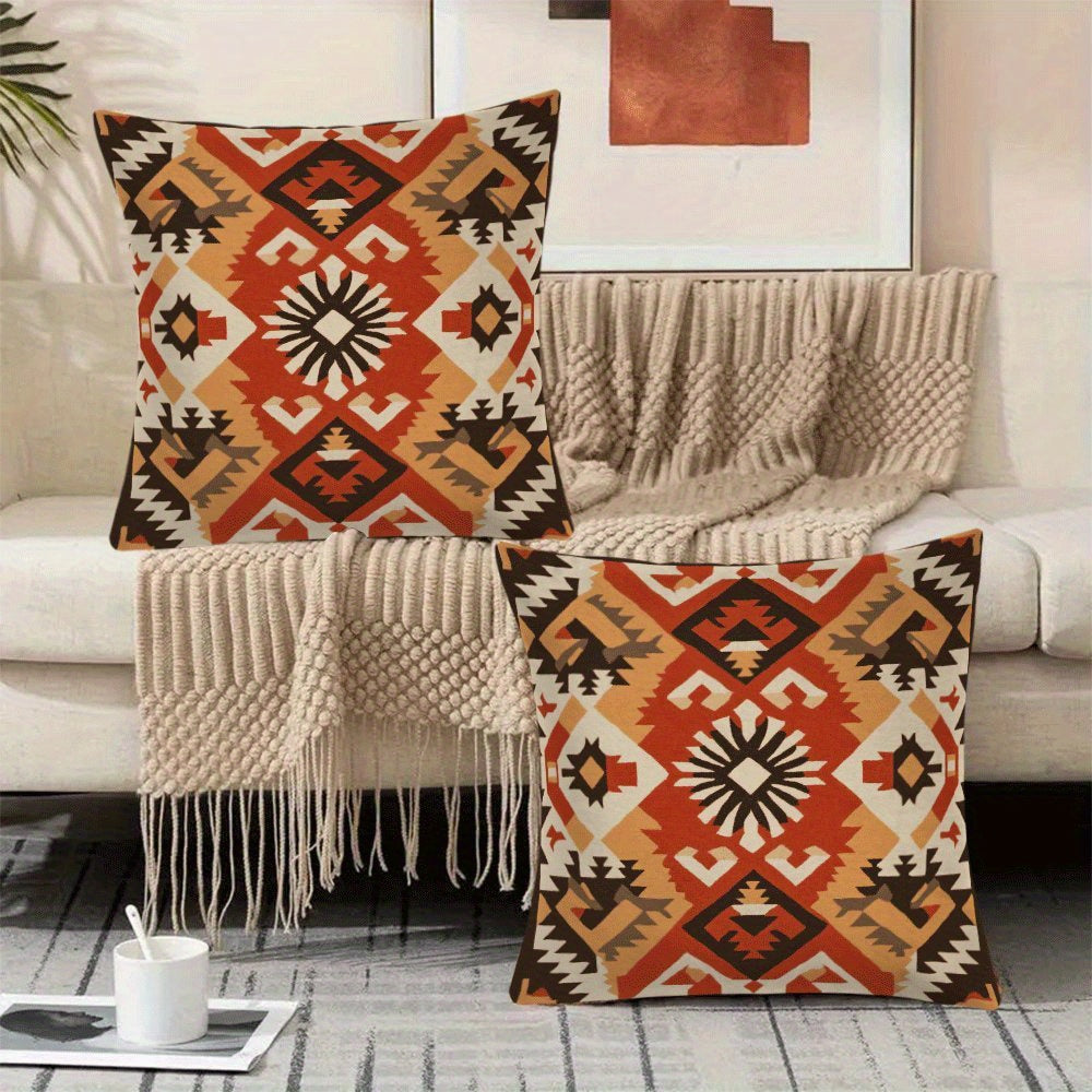 Bohemian Retro Geometric Flannel Pillow Cover 45.72x45.72 cm Zipper Washable Square Cushion Case
