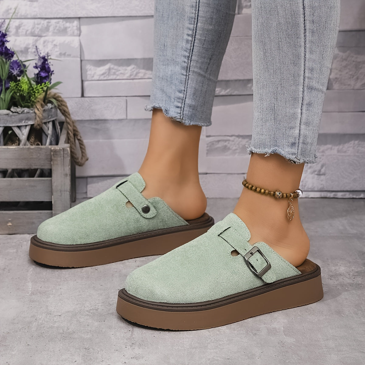 Women's Casual Buckle Loafers All-Season PU Upper Rubber Sole Flannel Insole