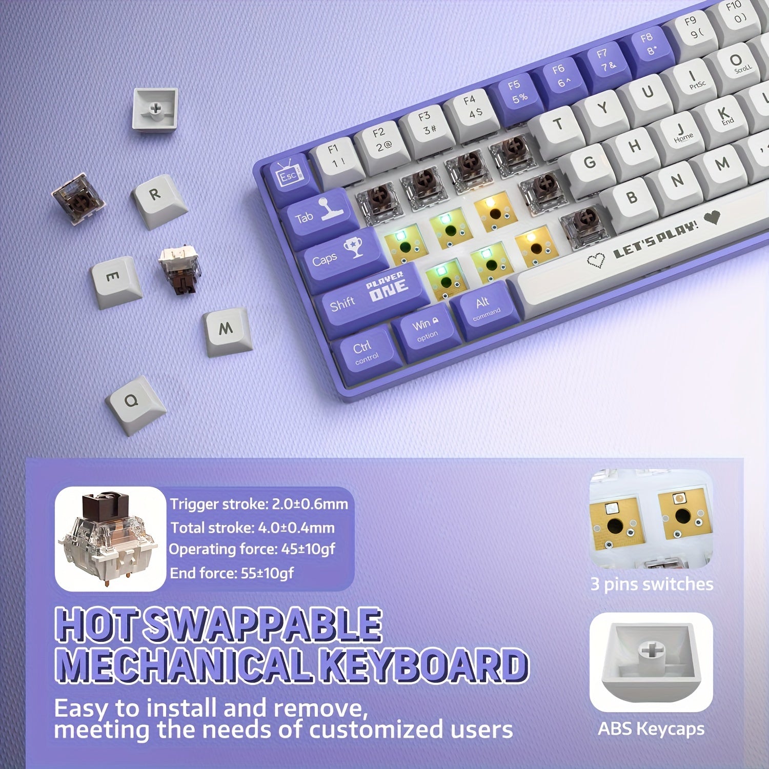 Wired Mechanical Gaming Keyboard 65% RGB Backlit Red Switches Ergonomic Purple White