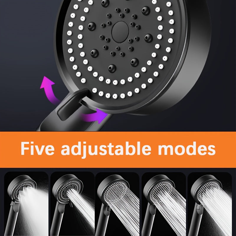 Black Handheld Shower Head with 5 Spray Modes, Flexible Hose and Wall Bracket