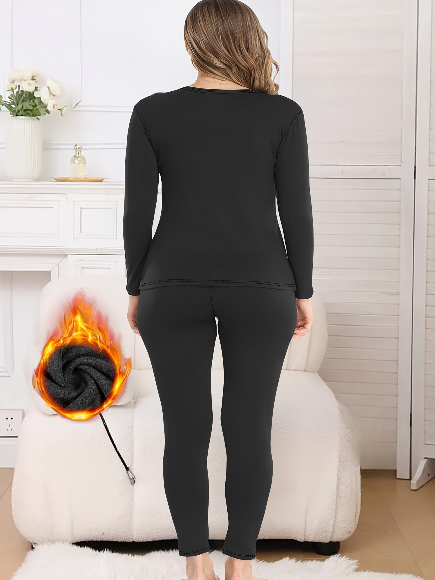 Women's Plus Size Thermal Lined Long Sleeve Base Layer Set Solid Color