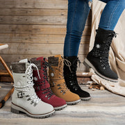 Women's Faux Leather Mid-Calf Boots Casual Lace-Up Round Toe Chunky Heel