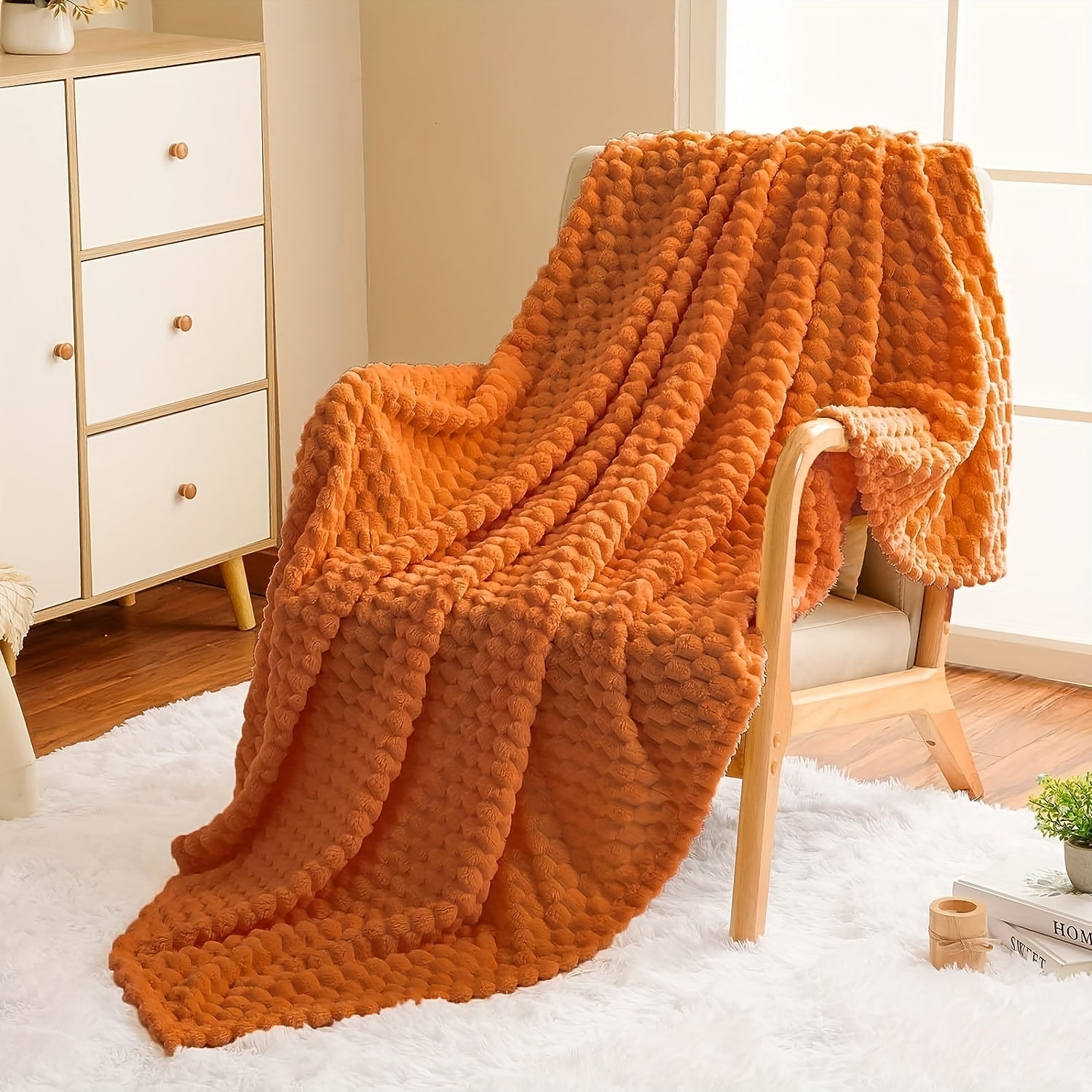Burnt Orange Flannel Throw Blanket Ultra-Soft 3D Jacquard All-Season Lightweight