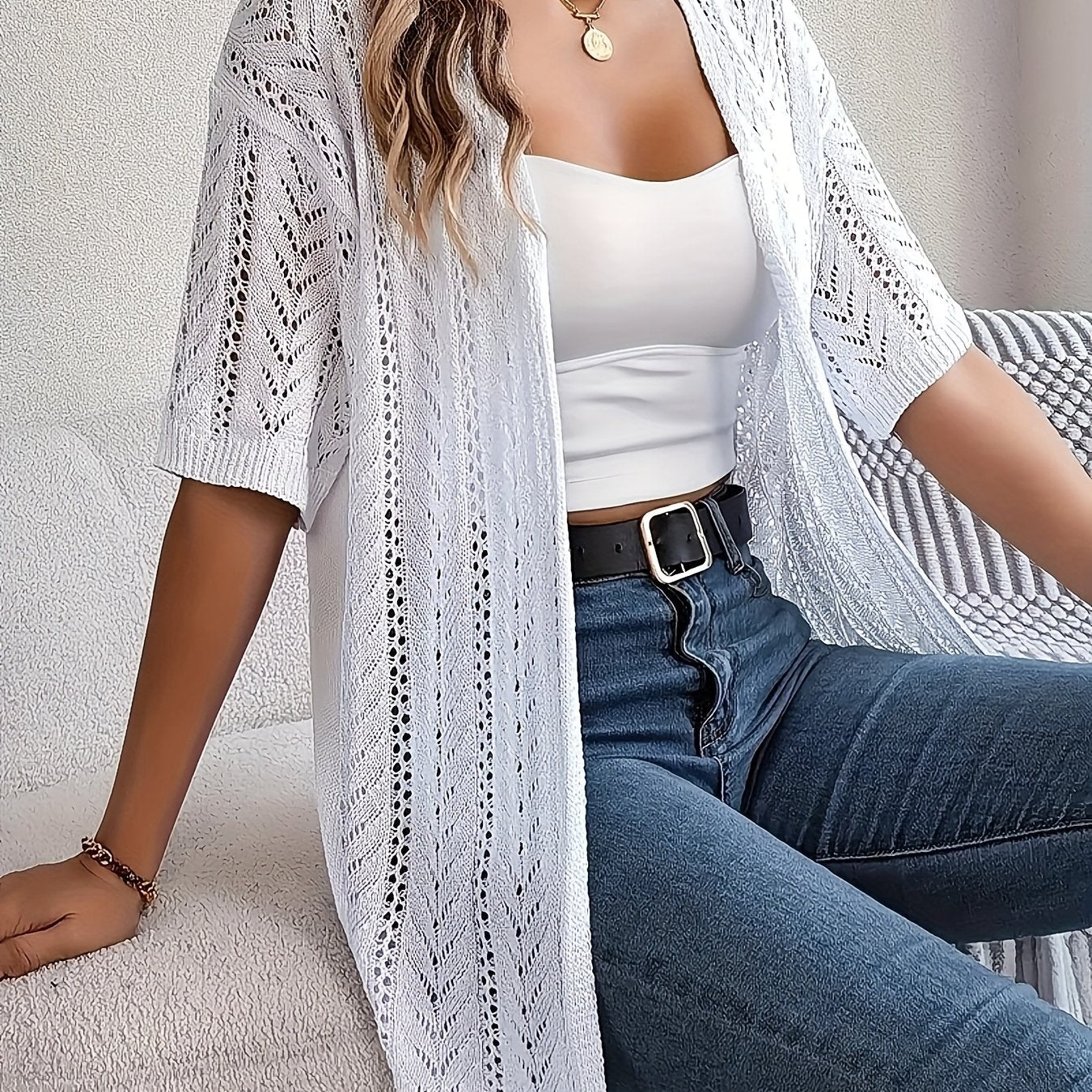 Plus Size Women's Lightweight Lace Trim Cardigan for Spring Summer