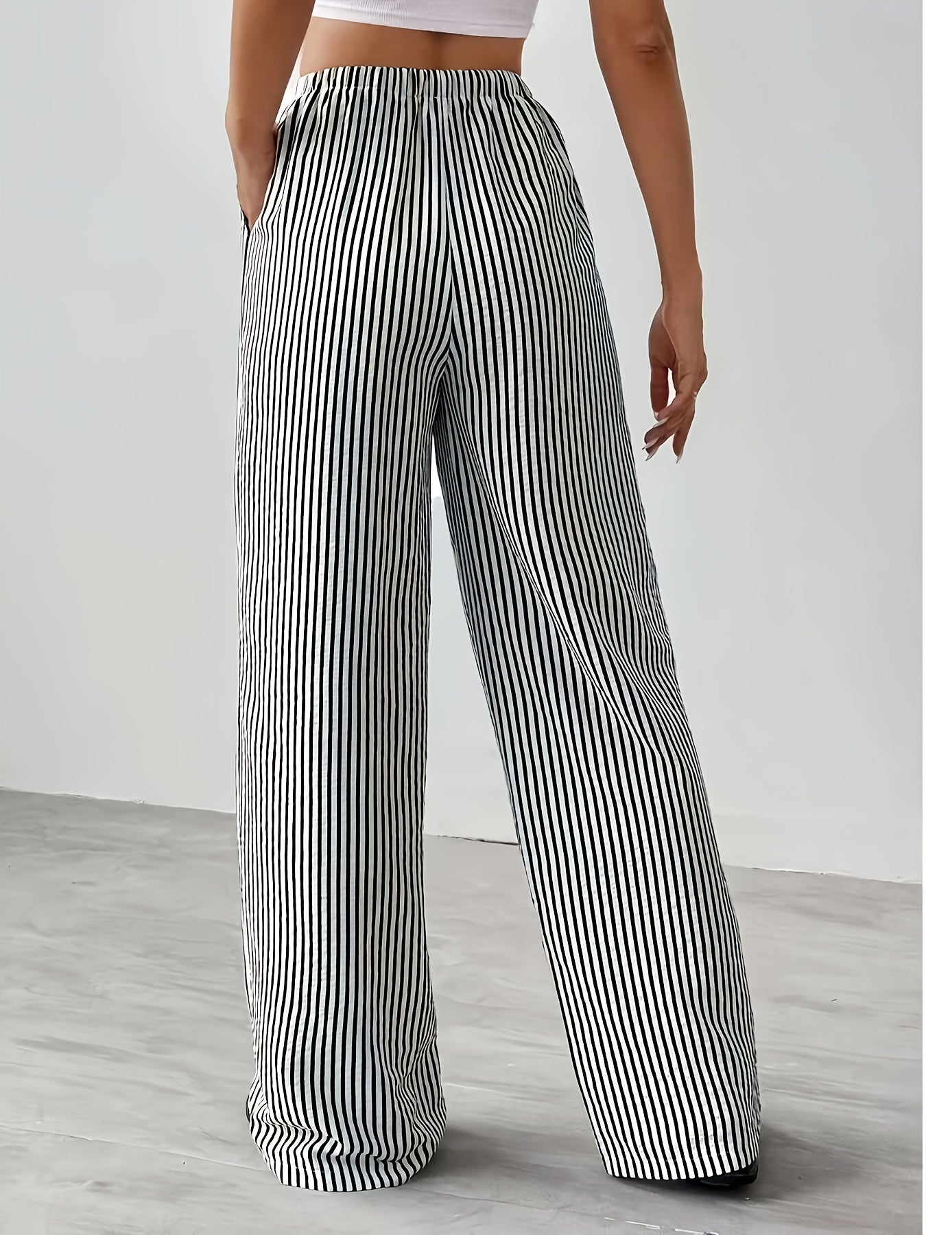 Women's Plus Size Black and White Striped Wide Leg Palazzo Pants