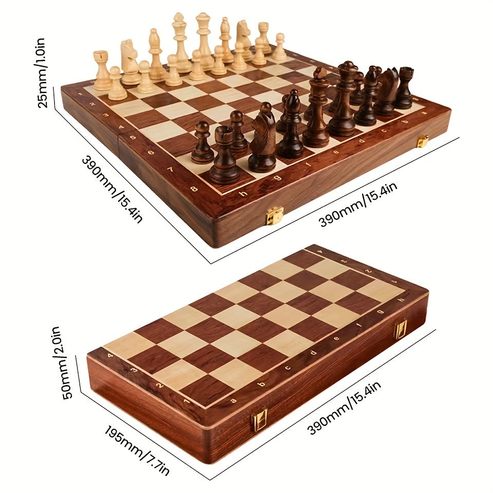 Solid Wood Chess Set with Folding Walnut Checkerboard and Internal Storage 15 Inch