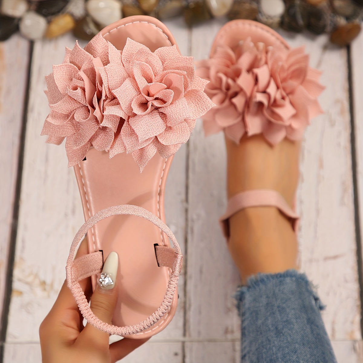 Women's Plus Size Flat Sandals with Elastic Lotus Flower Open Toe