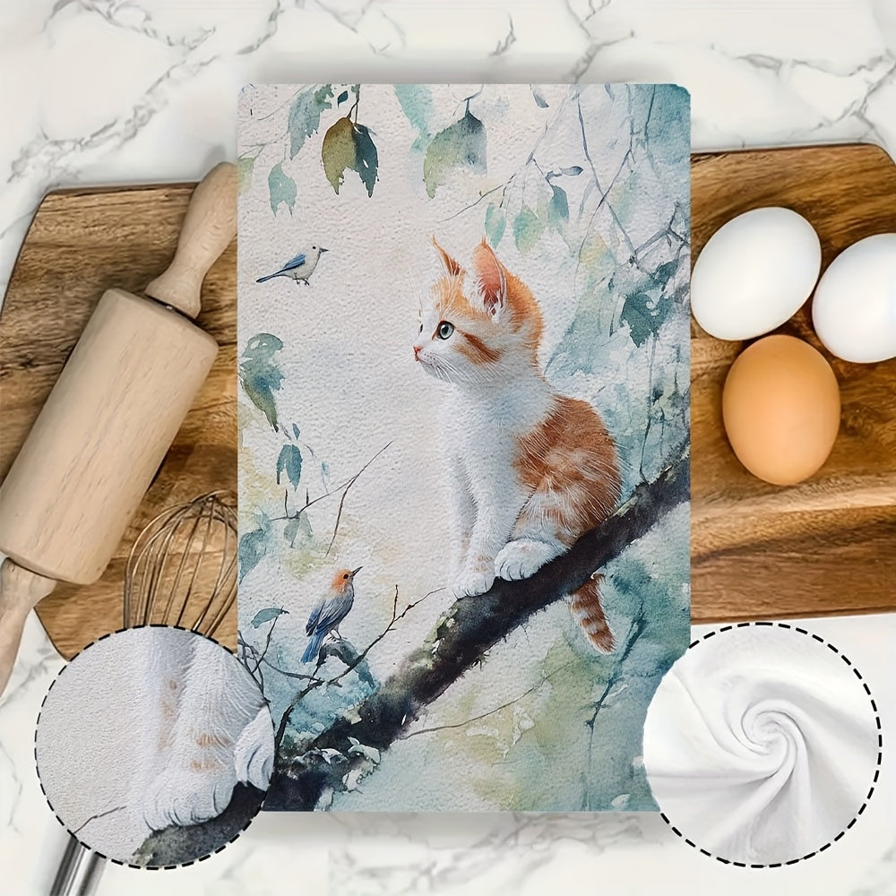 Set of 2 Ultra Soft Kitchen Towels with Kitten and Birds Design, 40x60 cm