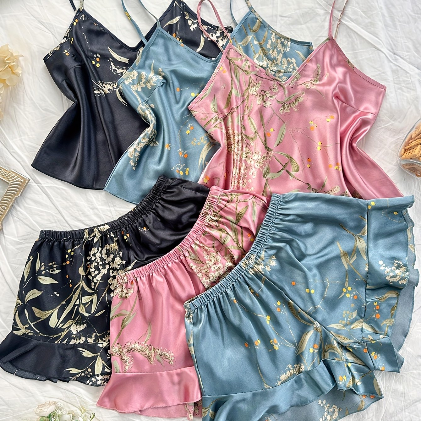 Women's Plus Size Pajama Set Polyester Blend Cami Tops Ruffle Shorts All-Season