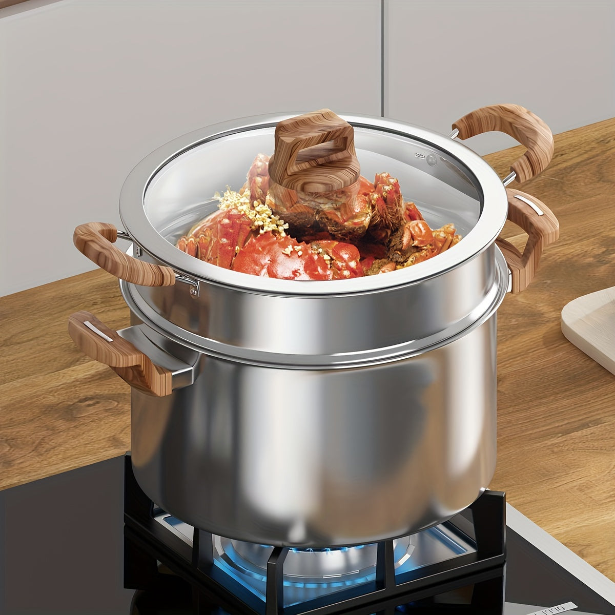 Five-Layer Steel Soup Pot with Steamer Non-Stick Induction Compatible 316 Stainless Steel