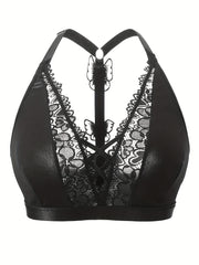 Women's Plus Size Erotic Lace Cross Strap Halter Bra with Butterfly Appliques