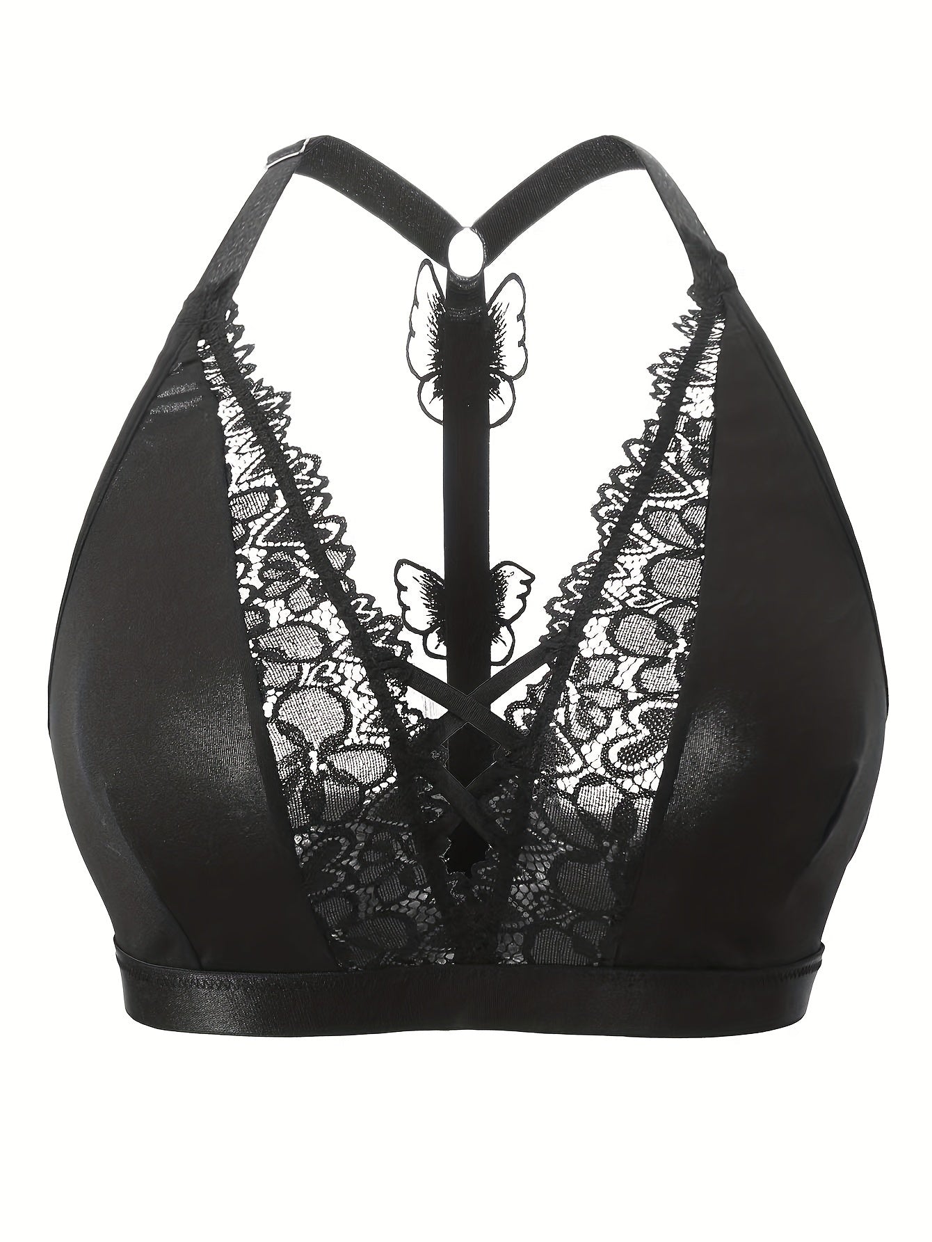 Women's Plus Size Erotic Lace Cross Strap Halter Bra with Butterfly Appliques